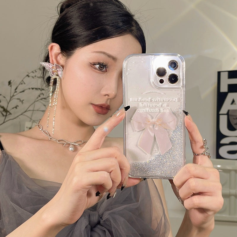 Stylish Touch Pink Sand Glitter Bow iPhone Case front view