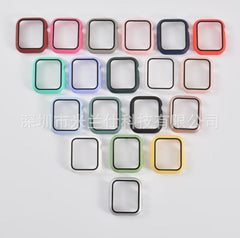Apple Watch case with various colours on table