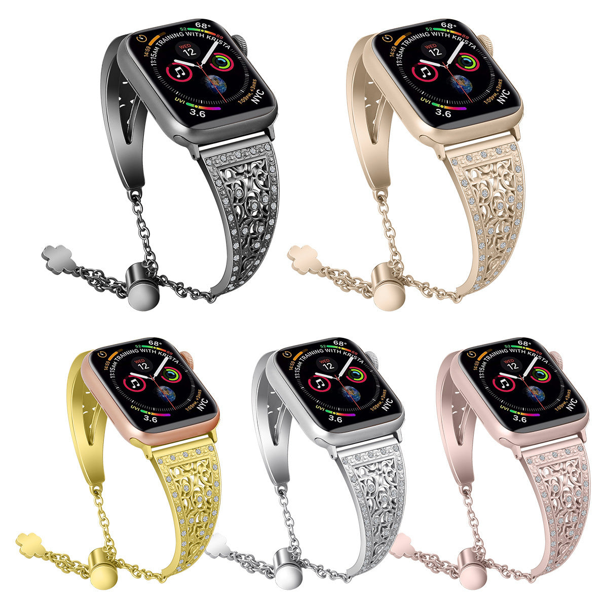 Black rhinestone apple watch band close-up
