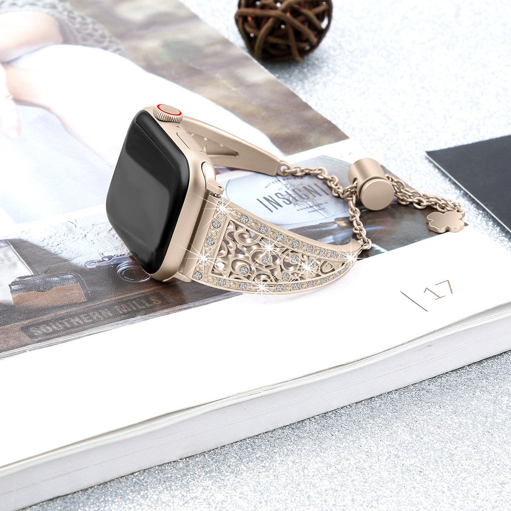 Black rhinestone apple watch band close-up