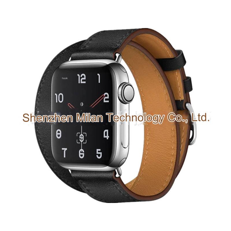Stylish black leather watch strap compatible with Apple Watch