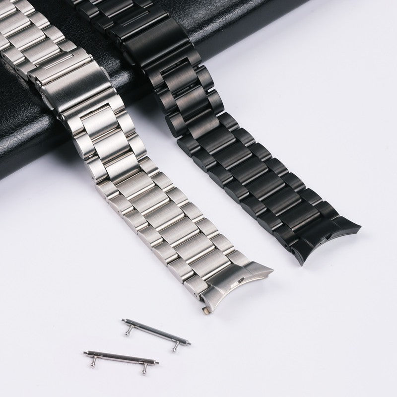 Close-up of push button clasp on stainless steel strap