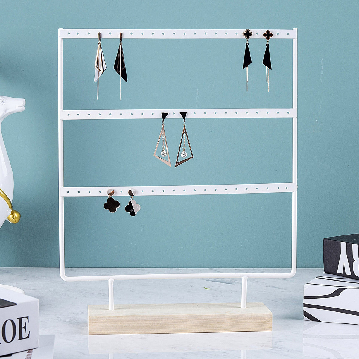 Elegant Multi-Tier Earring Holder on Wooden Base - Image 1