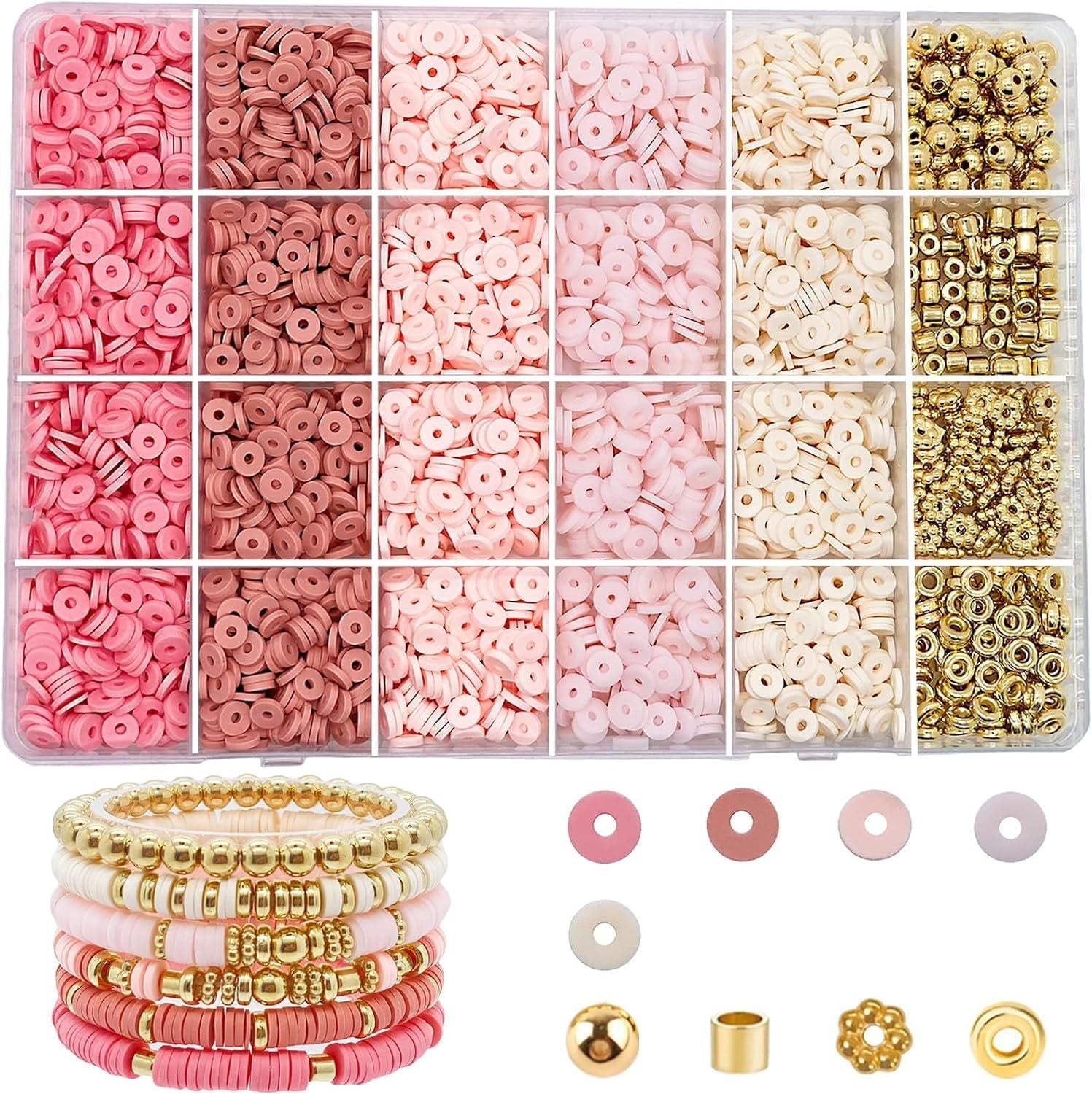 Colourful clay beads in a children's jewelry kit