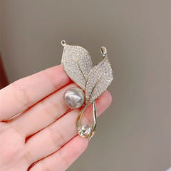 Close-Up of Leaf Design Brooch with Zircon Stones - Image 2