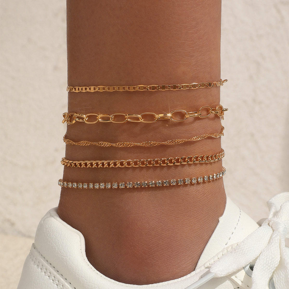 Image of vintage metal snake chain anklet set in gold
