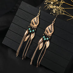 Unique bohemian earrings on model