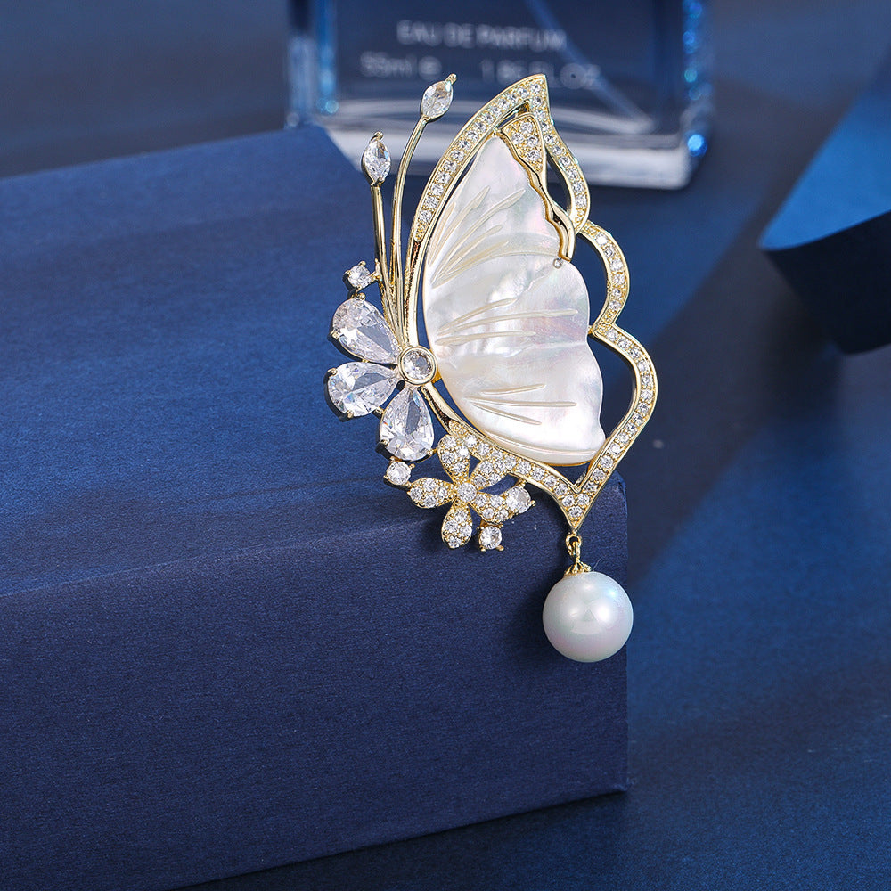 Elegant Natural Shell Butterfly Brooch - Image 1