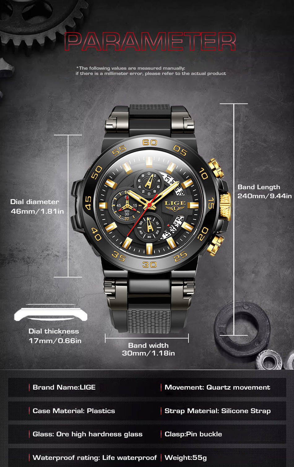Various colour options of LIGE quartz watch