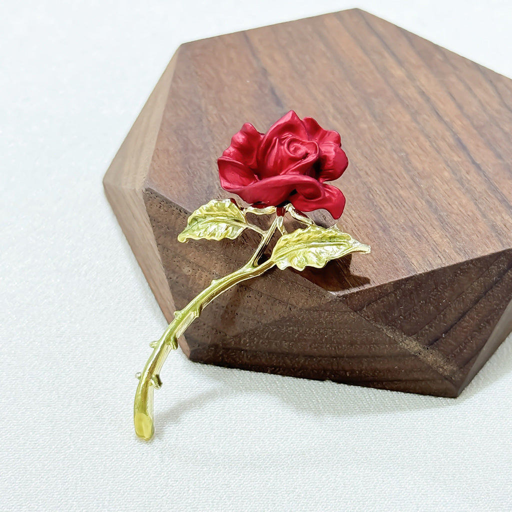 Elegant Red Rose Brooch front view