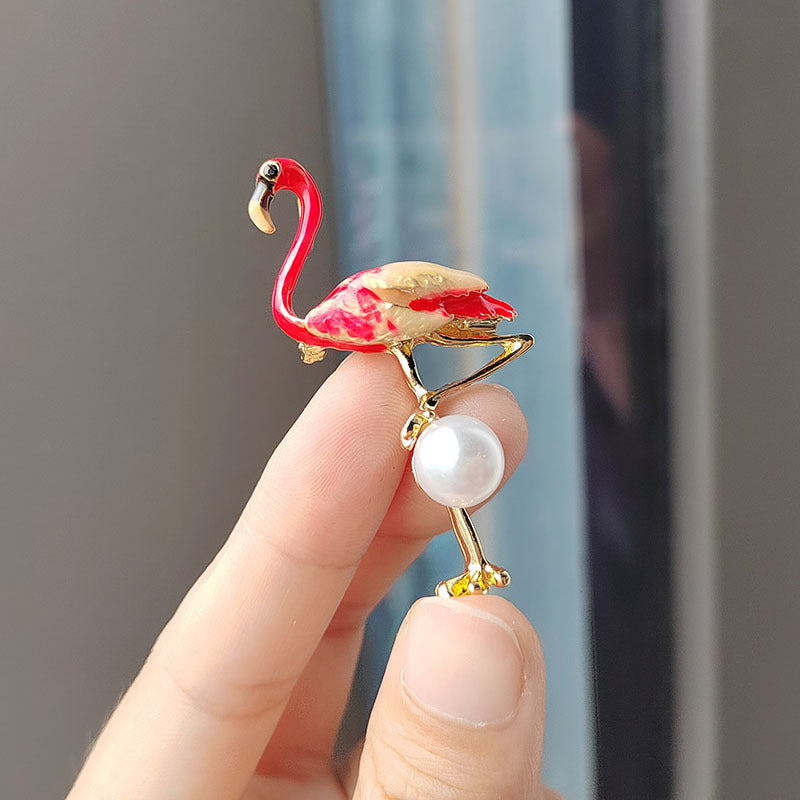 Charming Enamel Flamingo Pearl Brooch on outfit