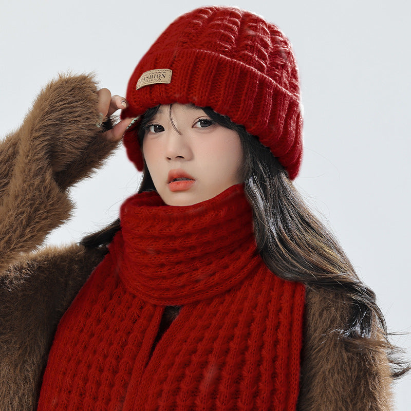 Women wearing a stylish pink knit hat and scarf