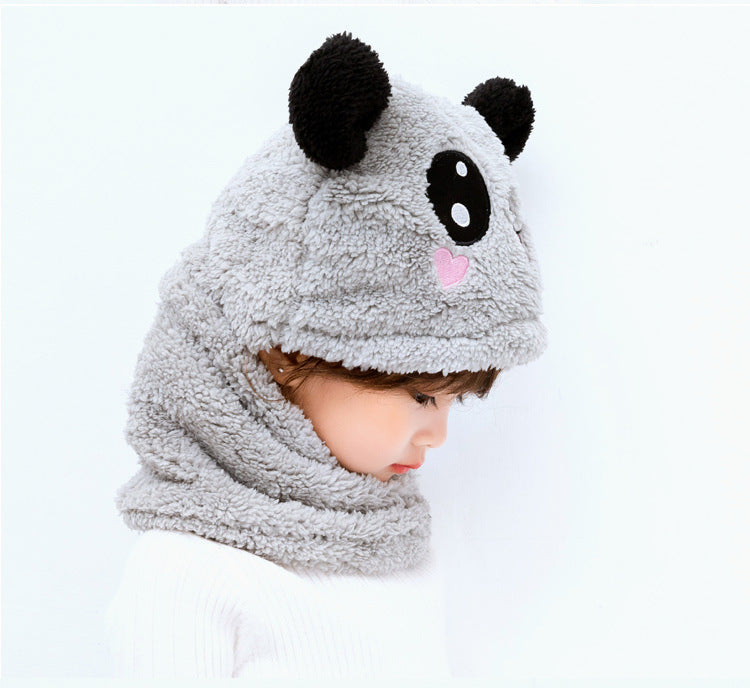 Front view of kids bear ear winter hat and scarf set