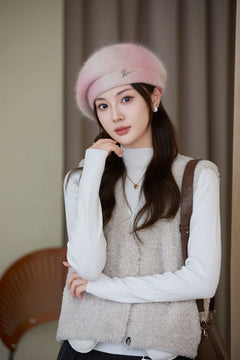 Elegant rabbit fur beret hat for women in black colour