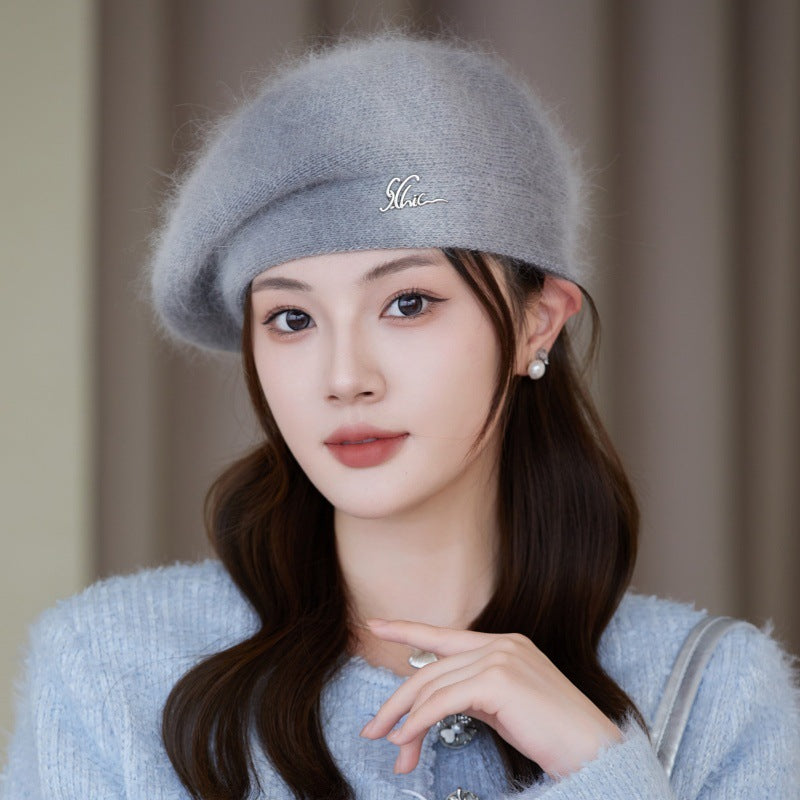 Stylish burgundy rabbit fur beret for women