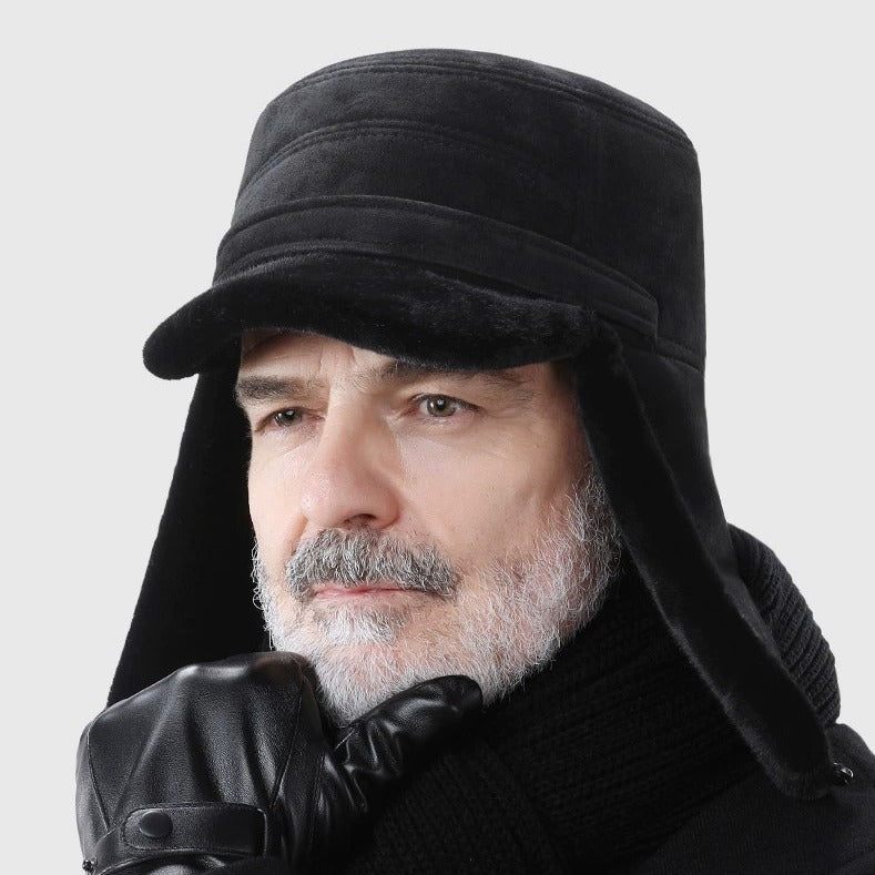 Flat cap design of winter hat in black color