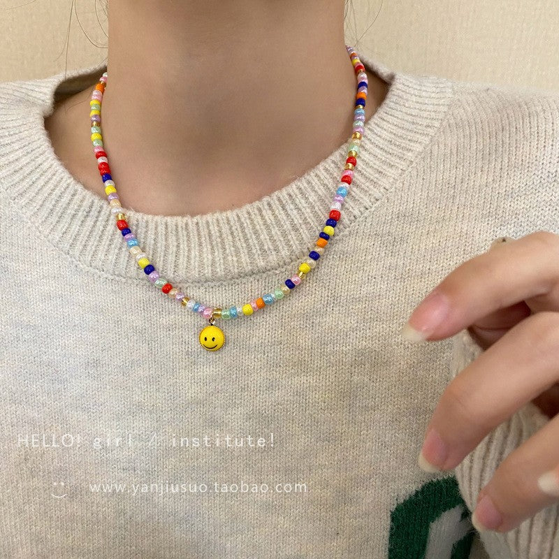 floral necklace on display with features