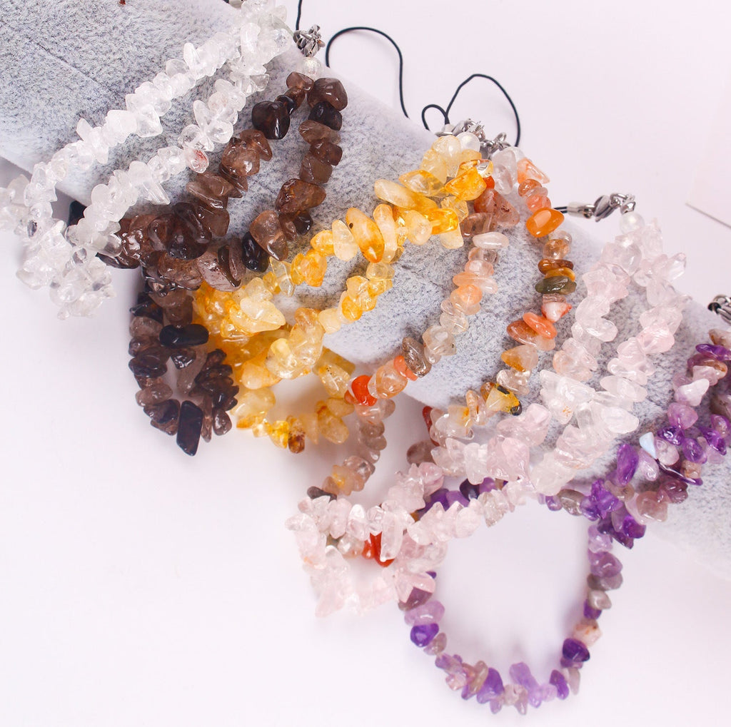 Close-up of colourful crystals on phone strap
