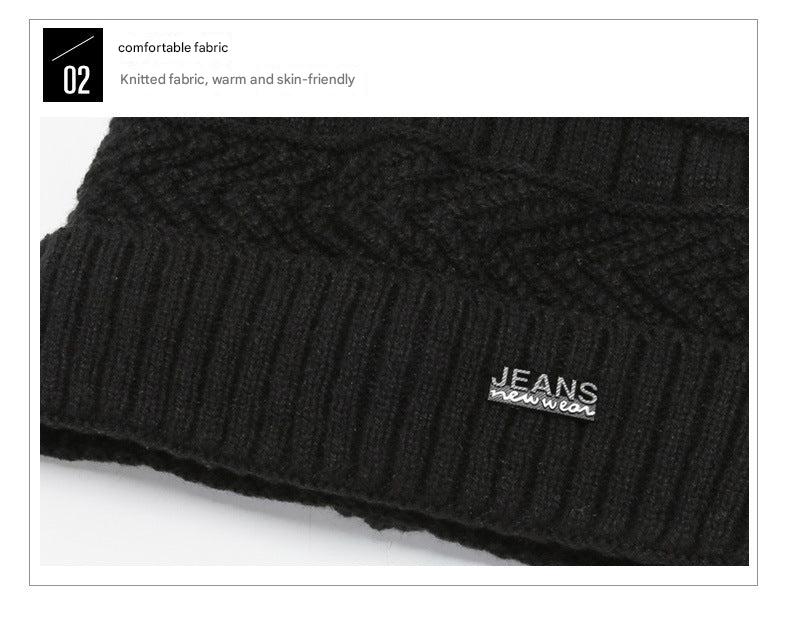 Close-up of men's beanie hat showing knit details