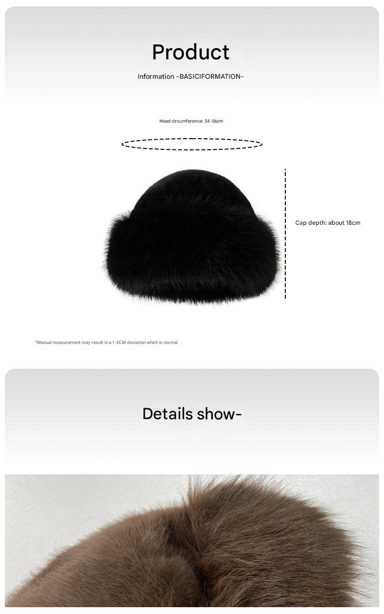 Beige winter beanie for women with faux rabbit fur