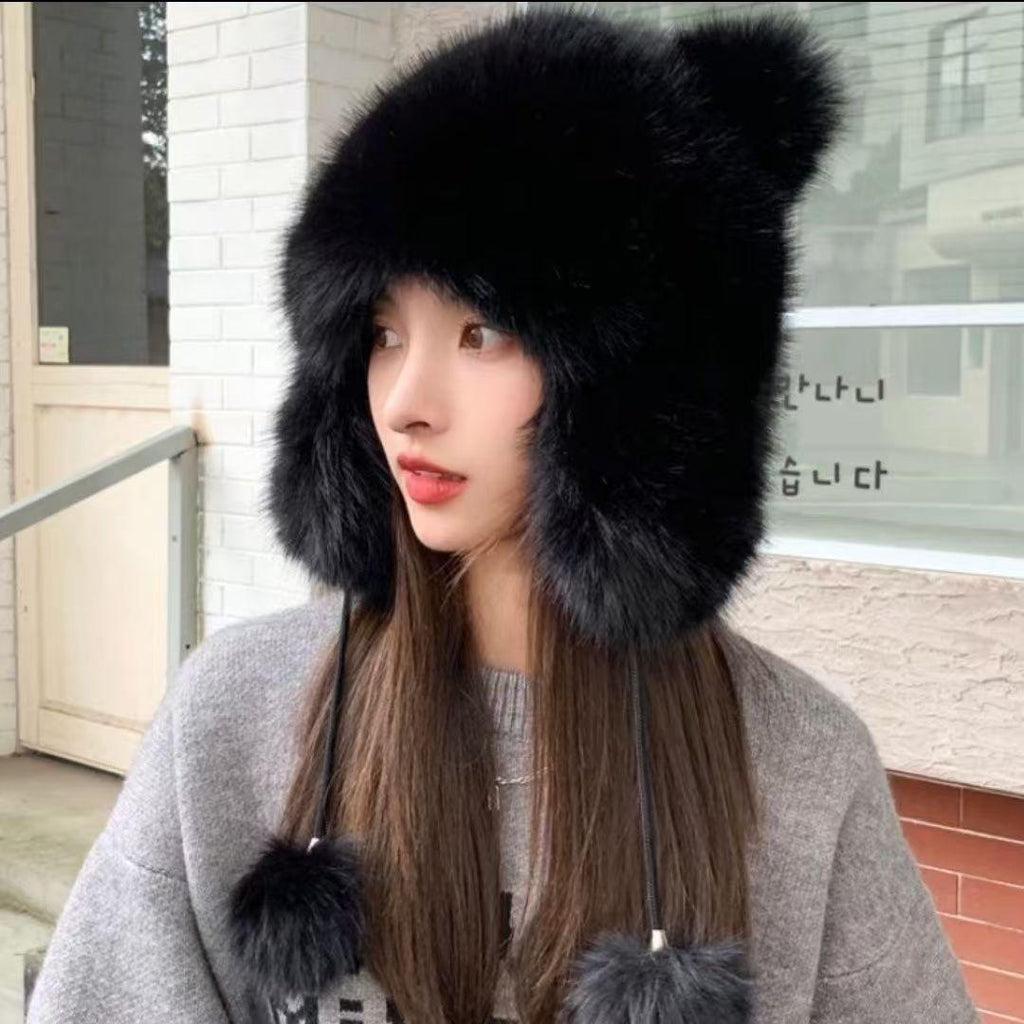 Cute plush winter hat with bear ears detail shot
