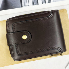 Zipper closure of men's wallet with detailed stitching