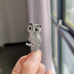 Silver Owl Brooch with Shimmering Crystals
